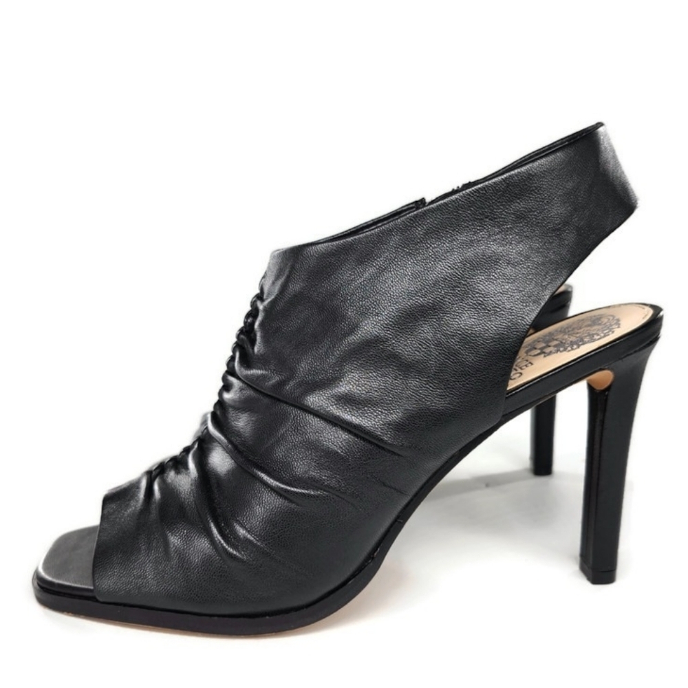 Vince Camuto Jenett Black Leather Rouched Open-Toe Sling-Back High-Heel Sandals - Picture 4 of 11